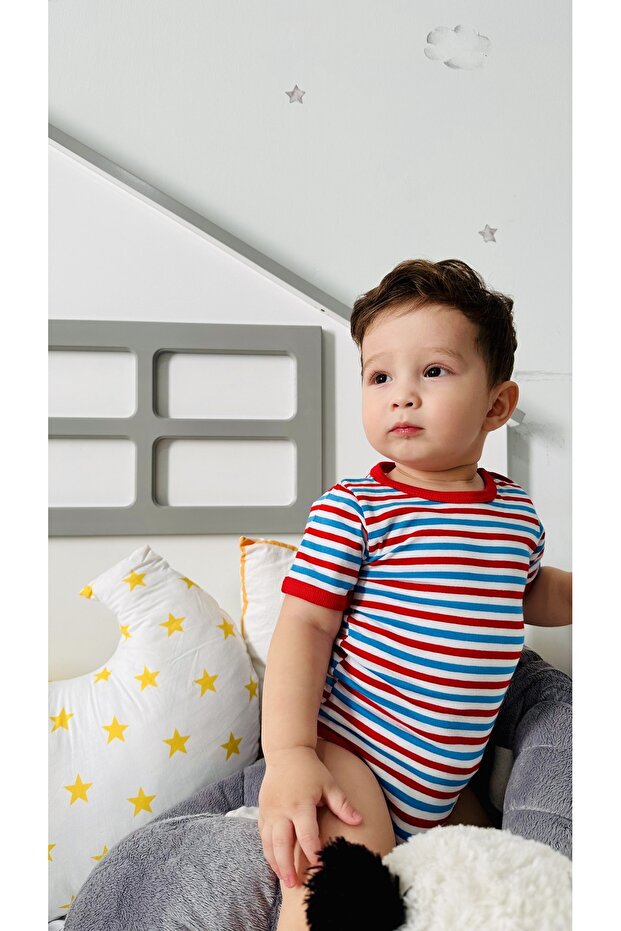 Girl-Boy Short Sleeve Striped Snap-On Bodysuit 100% Cotton and Lycra Flexible Fabric