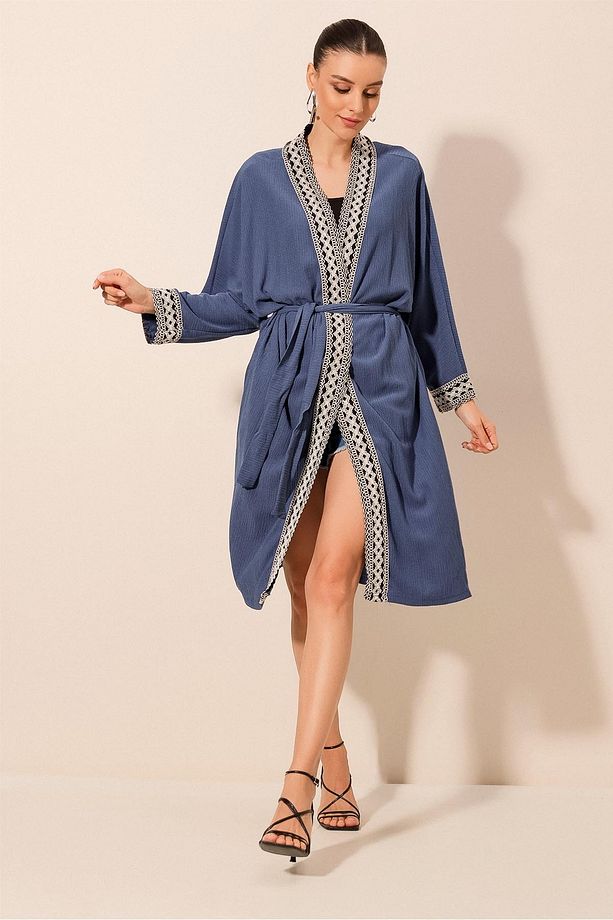 5865 Nakışlı Örme Uzun Kimono - İndigo - 5