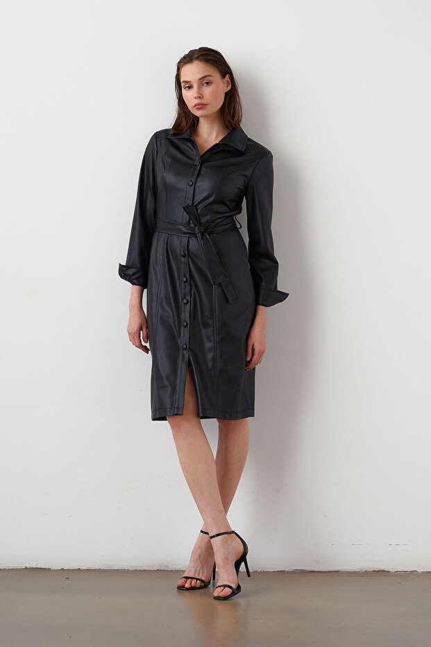 Deri Gömlek Elbise - 2