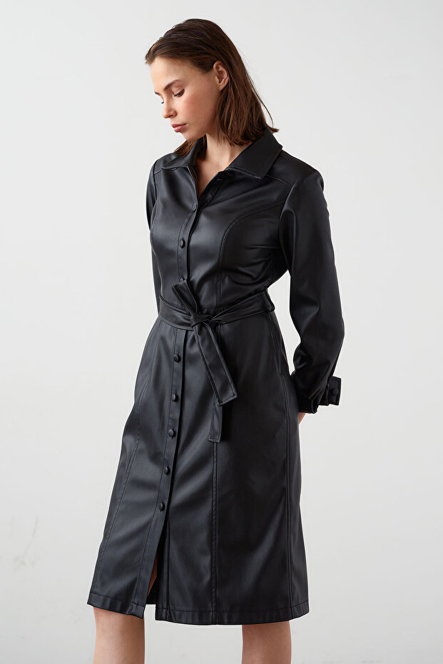 Deri Gömlek Elbise - 5
