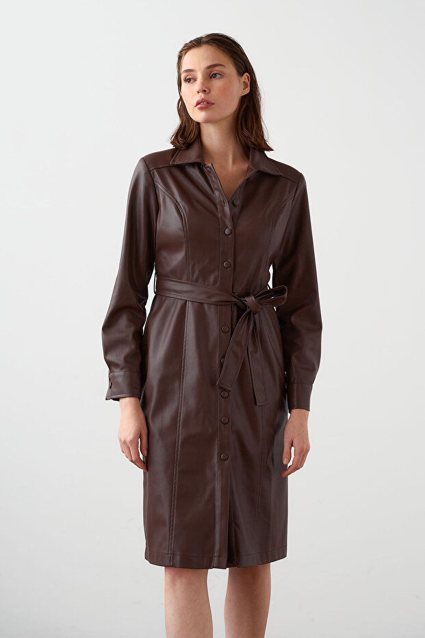 Deri Gömlek Elbise - 4