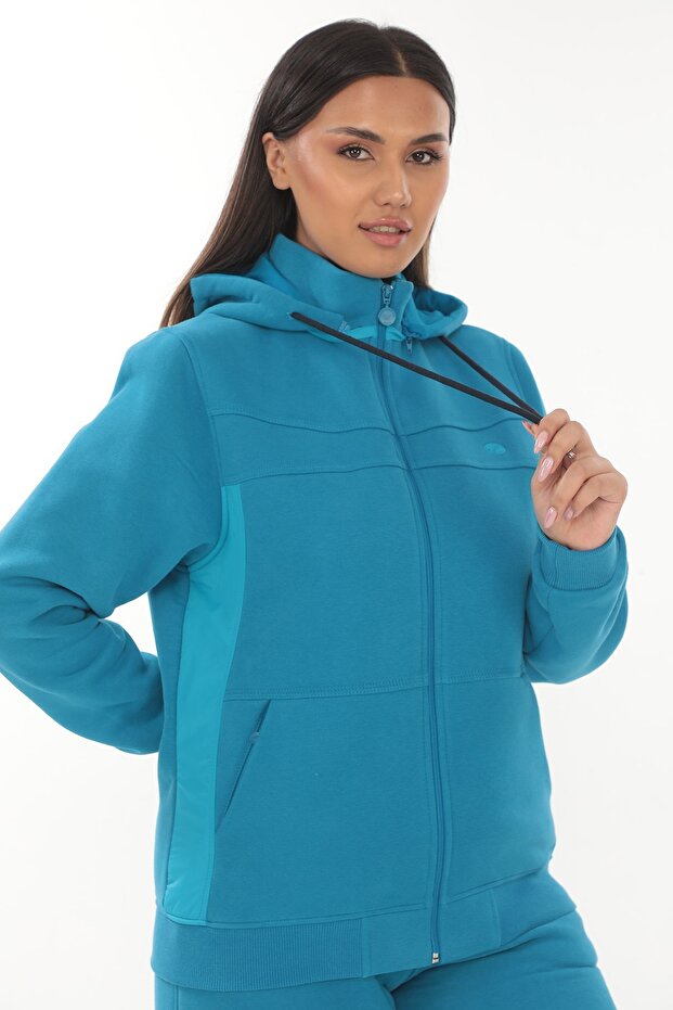 Women's Plus Size Turquoise Zippered 3 Thread Ş Fleece-Lined K Hooded Soft Tracksuit Set