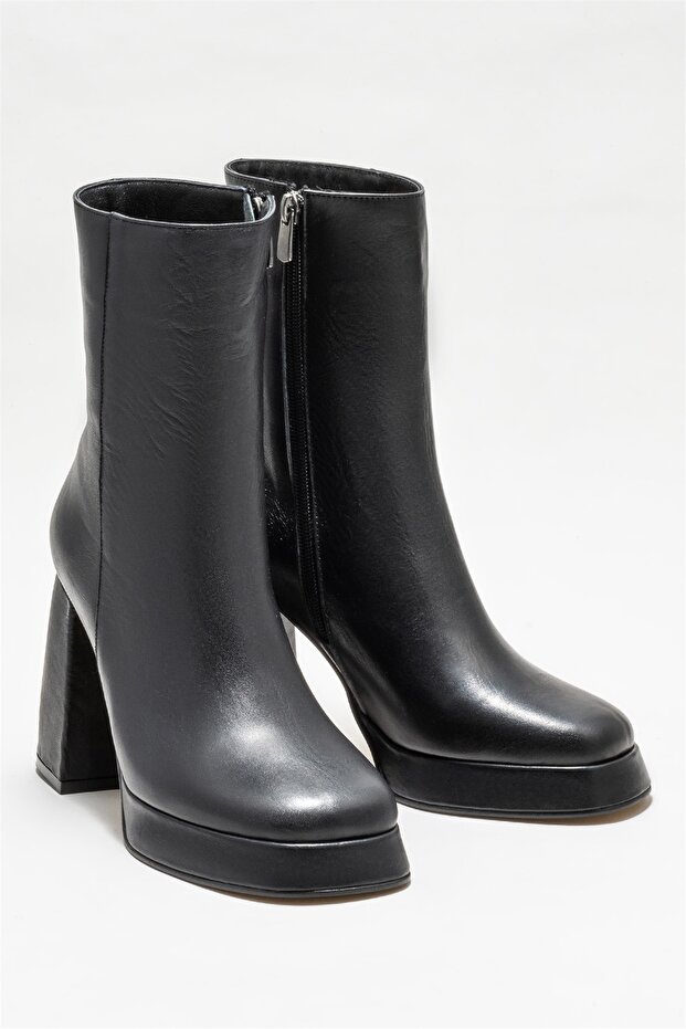 Siyah Deri Kadın Topuklu Bot - 2