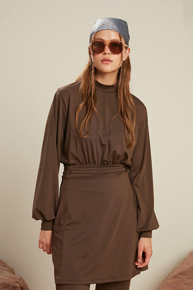 Costum de baie cu mâneci lungi cu balon, maro - 4