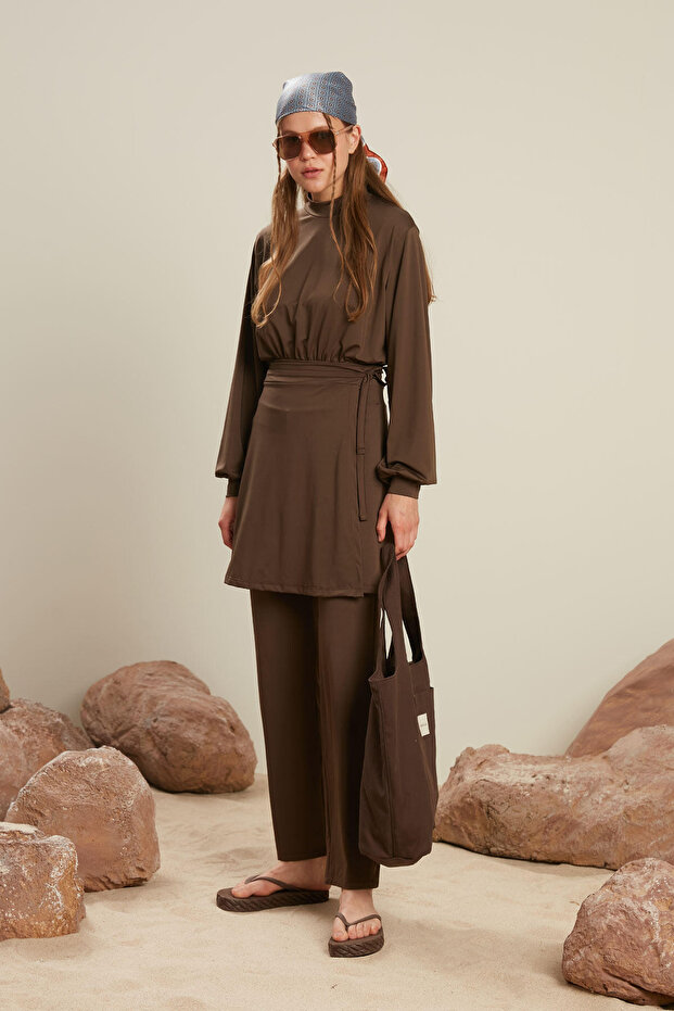 Costum de baie cu mâneci lungi cu balon, maro - 2