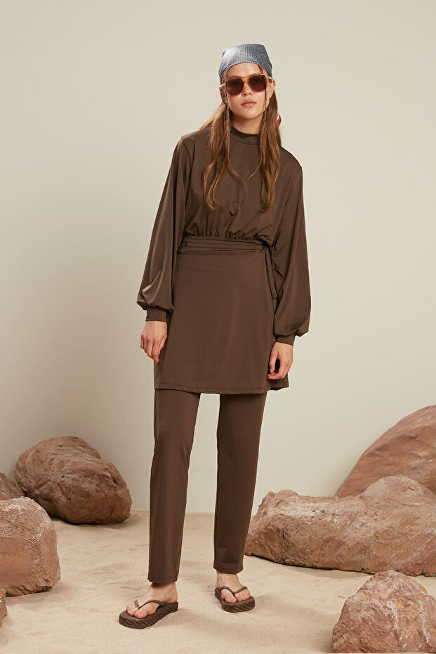 Costum de baie cu mâneci lungi cu balon, maro - 3