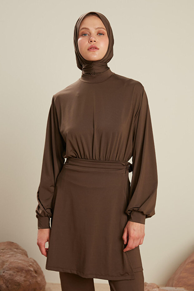 Costum de baie cu mâneci lungi cu balon, maro - 6