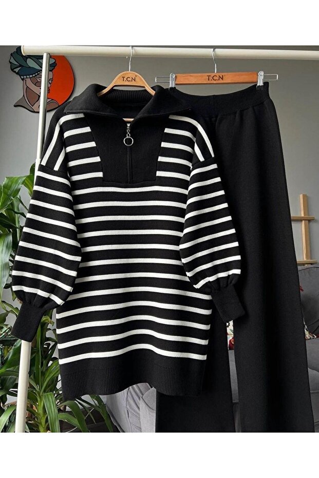 Zipper Detailed Striped Double Knitwear Set