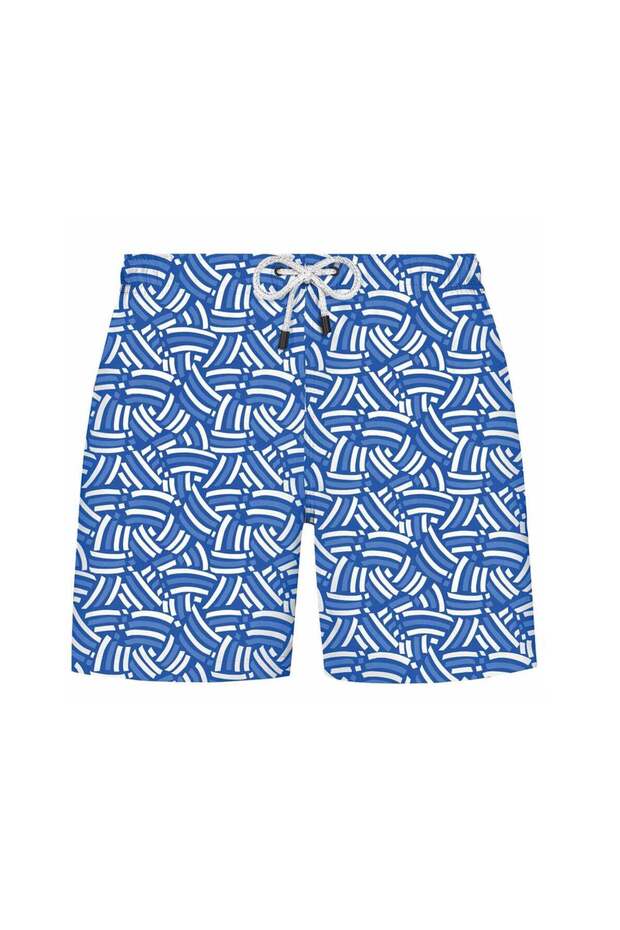 Blue Printed Regular Fit Boys' Swim Shorts Kids Wmgeometric Curve