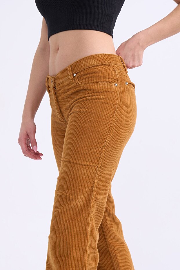 Hardal Flare Paça Fitilli Kadife Pantolon - 3