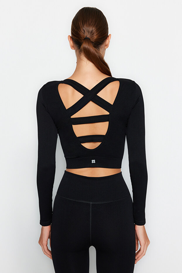 Siyah Seamless/Dikişsiz Sırt ve Reflektör Baskı Detaylı Crop Örme Spor Üst/Bluz THMAW24BZ00023 - 6