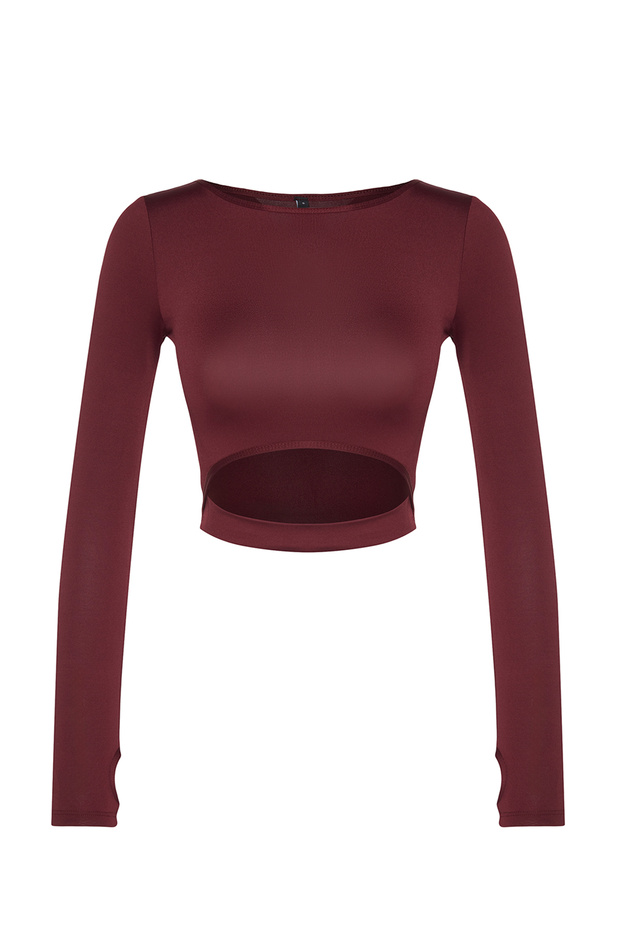 Bordo Crop Pencere/Cut Out ve Baş Parmak Delik Detaylı Örme Spor Üst/Bluz TWOAW21BZ0156 - 7