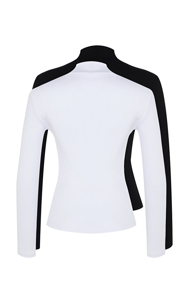 Siyah-Beyaz 2'li Paket Fitilli Dik Yaka Fitted/Vücuda Oturan Uzun Kol Esnek Örme Bluz TWOAW24BZ00257 - 15