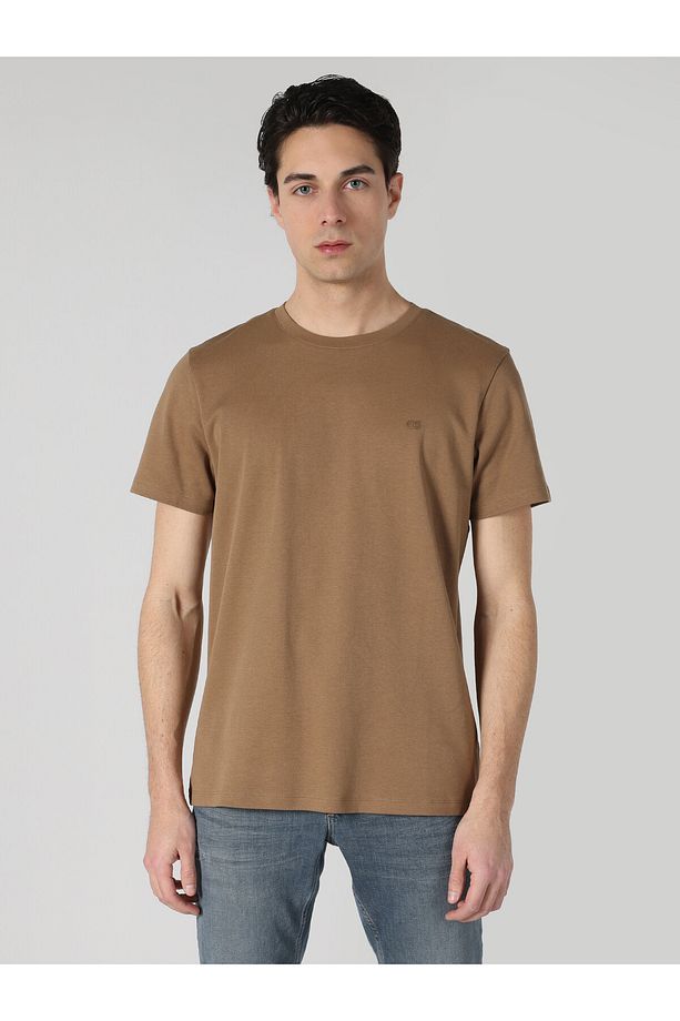 Regular Fit Bisiklet Yaka Basic Kahverengi Erkek Kısa Kol Tişört - 4