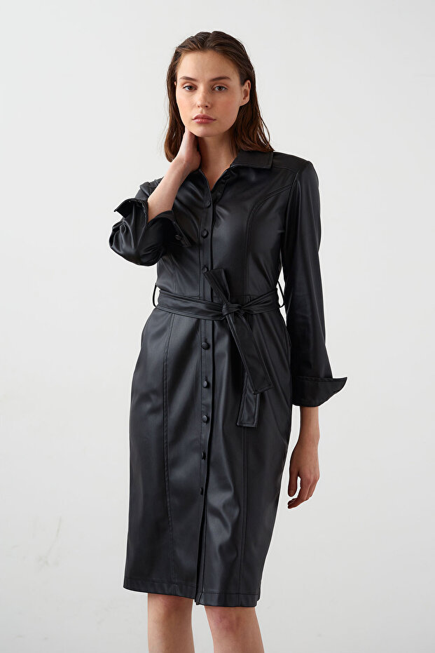 Deri Gömlek Elbise - 6