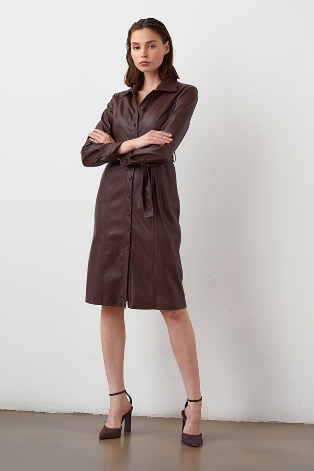 Deri Gömlek Elbise - 3