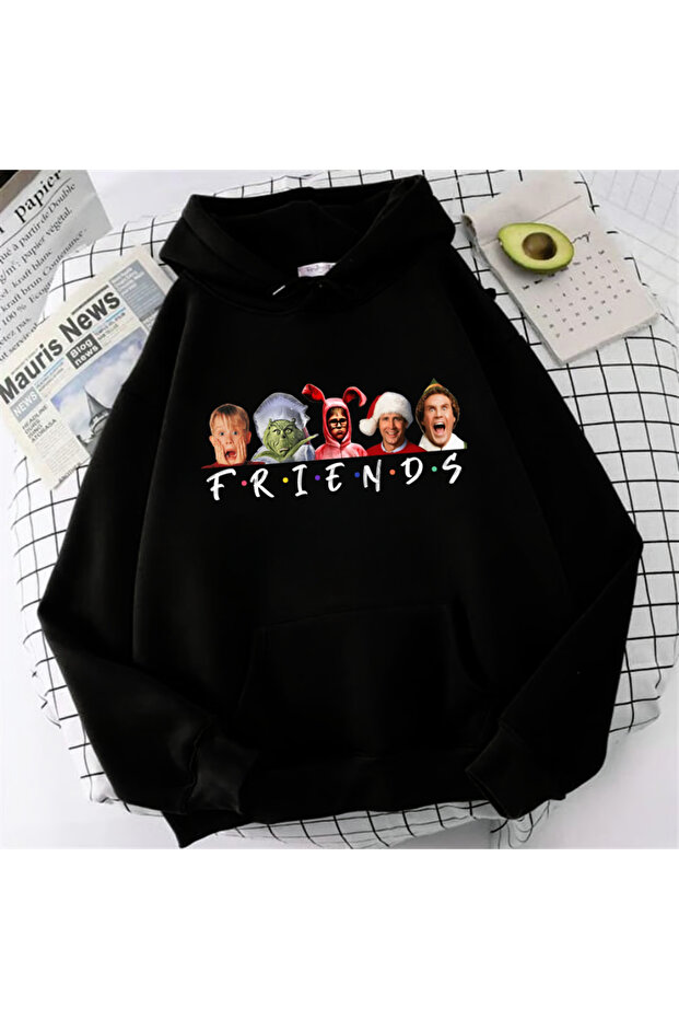Friends Christmas Printed Black Unisex Oversize Hooded Sweatshirt