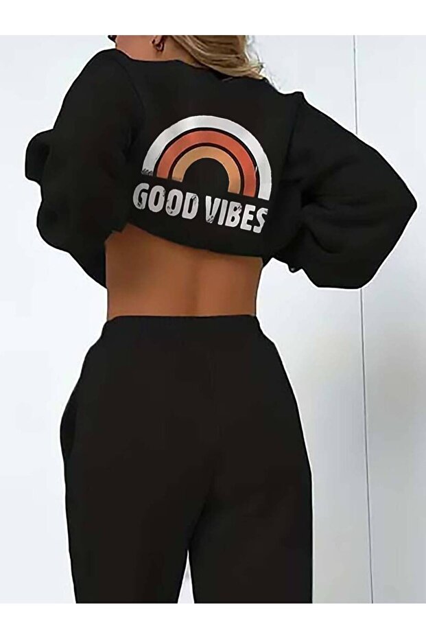 طقم بدلة رياضية نسائية مقاس كبير مطبوع عليه Good Vibes مقاس كبير مكون من 3 خيوط