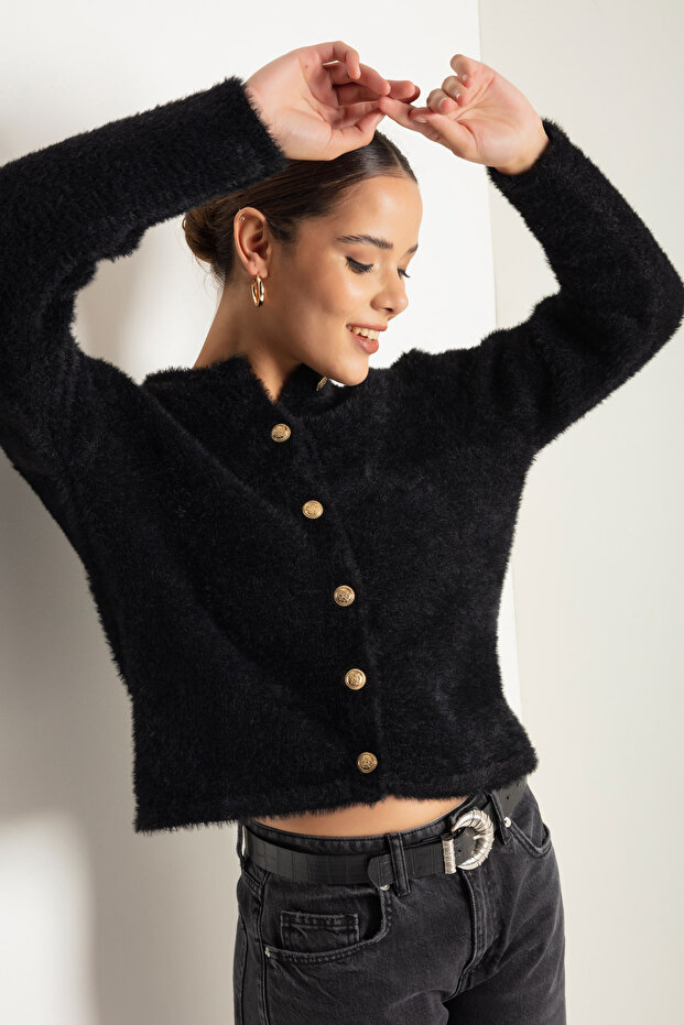 Women's Black Bearded Gold Buttoned Knitwear Cardigan