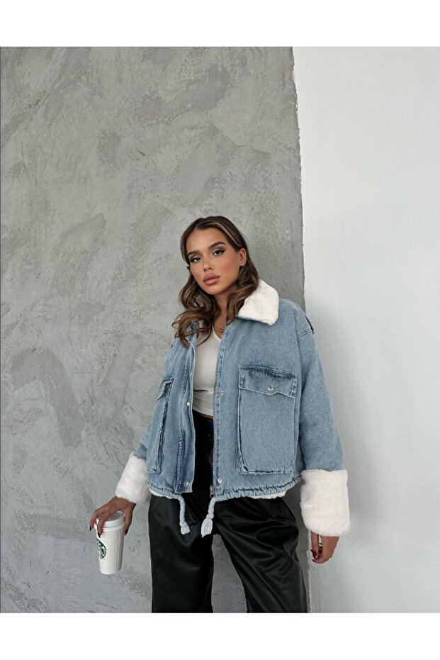 Women's Jean Jacket with Collar Sleeves and Furry Pockets