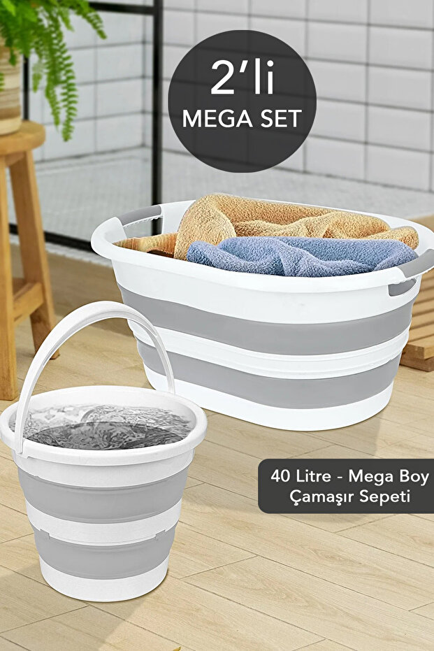 Meleni Home 2 Parça Katlanabilir Çamaşır Sepeti Sele 12,8 Lt Katlanabilir Akordiyon Su Kovası