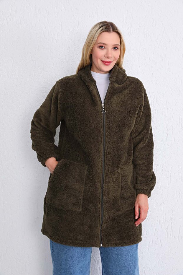 Polar Long Khaki Green Plush Cardigan