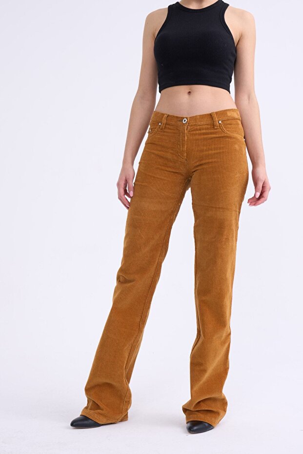 Hardal Flare Paça Fitilli Kadife Pantolon - 1