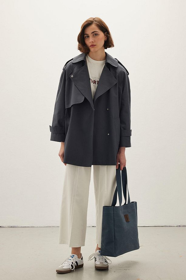 OVERSIZE KISA TRENÇKOT LACİVERT - 3