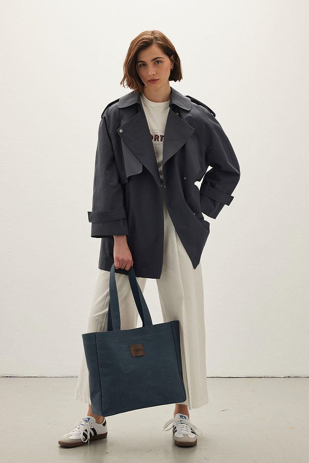 OVERSIZE KISA TRENÇKOT LACİVERT - 4