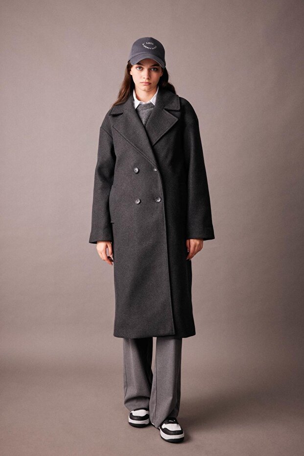 Oversize Fit Kaşe Kaban - 2