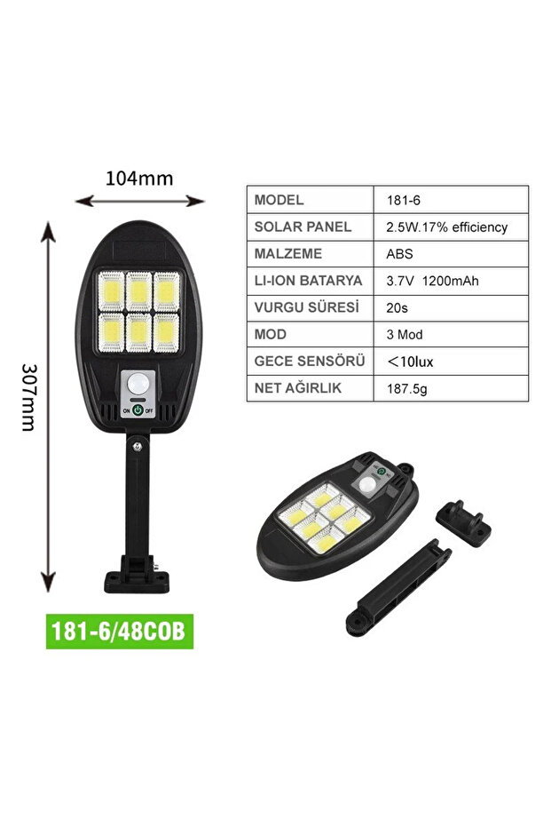 3 Farklı Işık Modlu Sensörlü 48 COB LEDLİ SENSÖRLÜ SOLAR SOKAK LAMBASI SOLAR AYDINLATMA - 6
