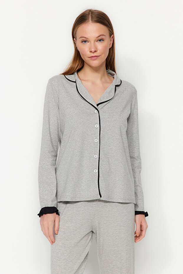 Gri Melanj %100 Pamuklu Fırfırlı Biyeli Örme Pijama Takımı THMAW24PT00007 - 5