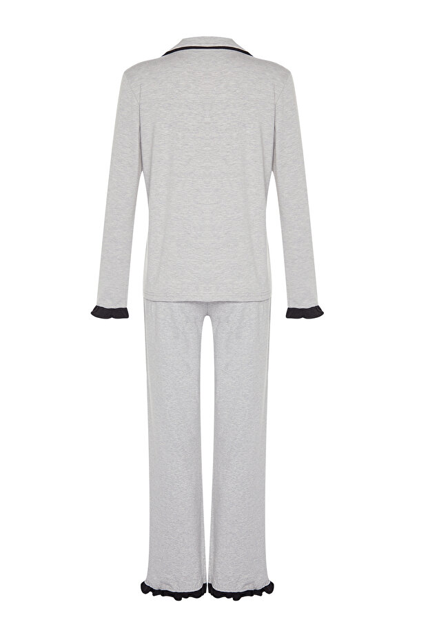 Gri Melanj %100 Pamuklu Fırfırlı Biyeli Örme Pijama Takımı THMAW24PT00007 - 10