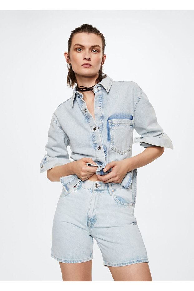 Düz Kesim Denim Şort - 2