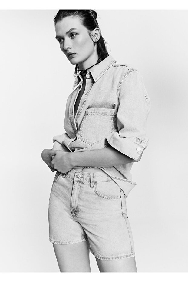 Düz Kesim Denim Şort - 5
