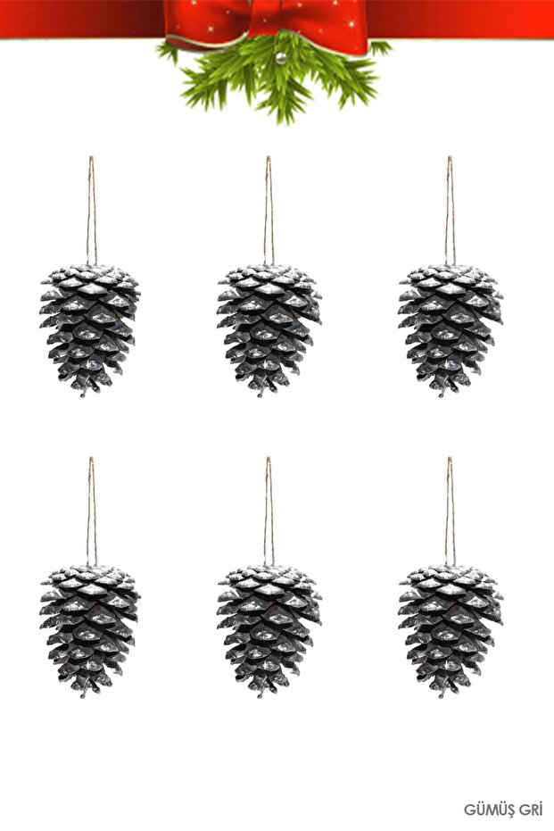 2026 Christmas Tree Ornament Silver Pine Cone Set of 6