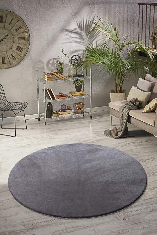 Vl Round Comfort Overlocked Plush Anthracite Floor Carpet