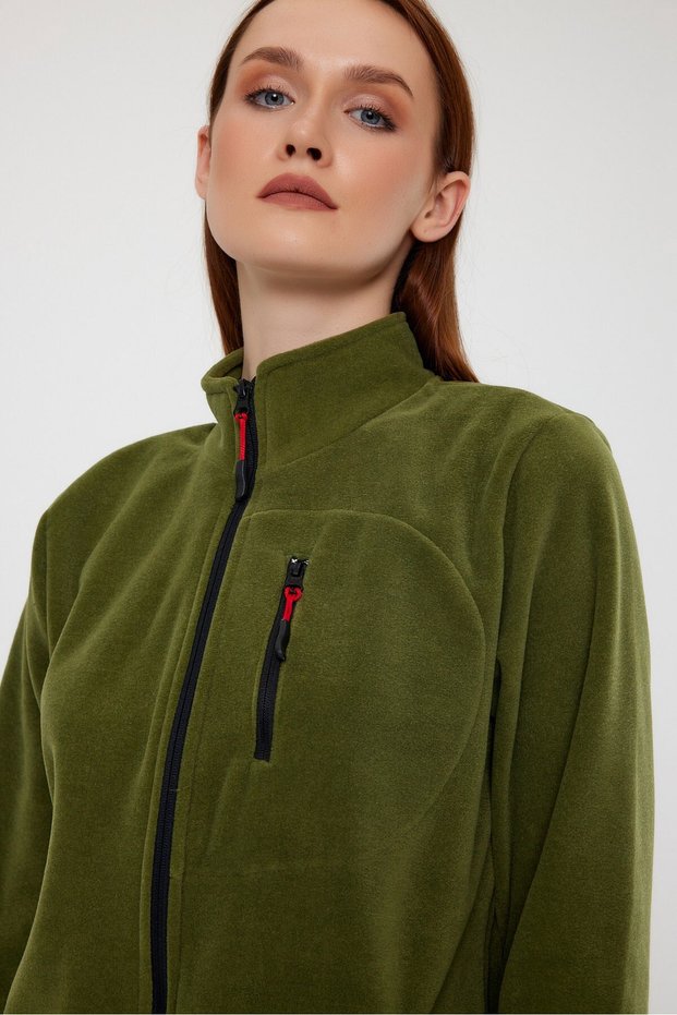 Khaki Color Full Zipper 3 Pocket Women's Fleece