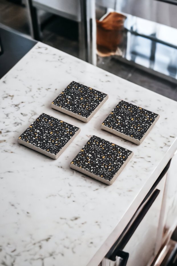 Black Terrazzo Bathroom Drain Cover and Natural Stone Travertine Coasters Set of 4