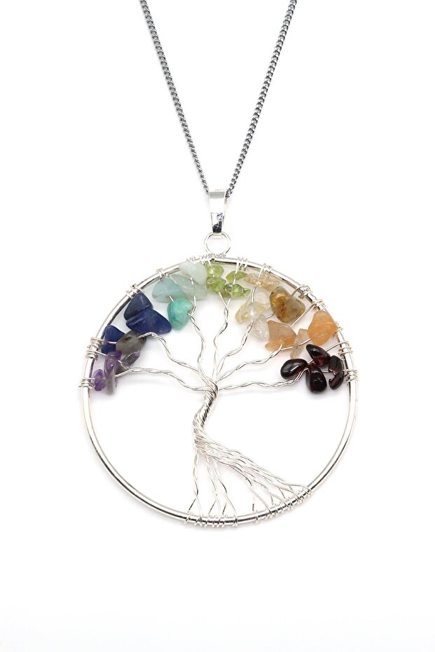Wire Wrapped Chakra Tree of Life Natural Stone Necklace
