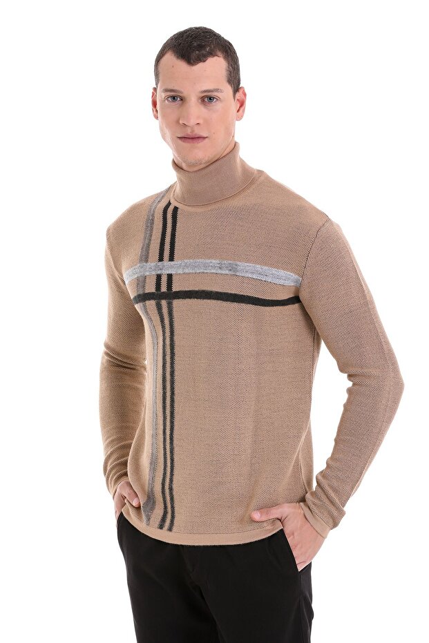 Beige Comfort Fit Patterned Turtleneck Wool Knitwear Sweater