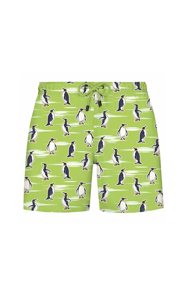 Green Penguin Printed Regular Fit Boys' Swim Shorts Kids Wmanımal Penguin