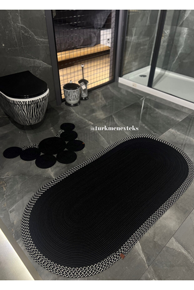 Jute, Straw. Black Bath Mat, Toilet Seat Mat Set of 2