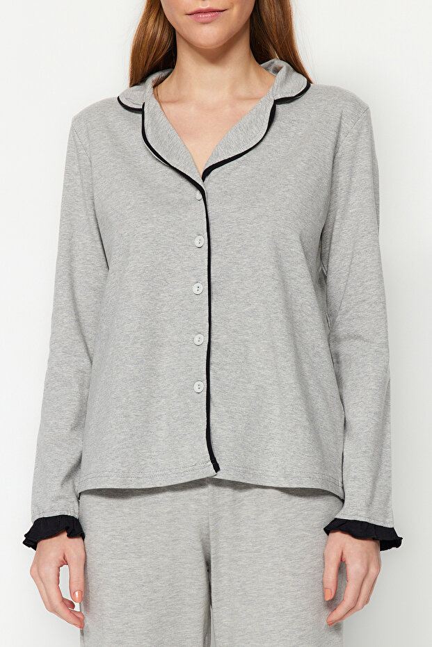 Gri Melanj %100 Pamuklu Fırfırlı Biyeli Örme Pijama Takımı THMAW24PT00007 - 6