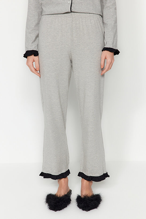 Gri Melanj %100 Pamuklu Fırfırlı Biyeli Örme Pijama Takımı THMAW24PT00007 - 7