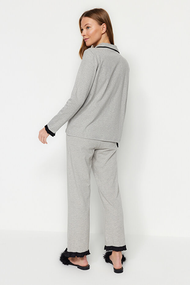 Gri Melanj %100 Pamuklu Fırfırlı Biyeli Örme Pijama Takımı THMAW24PT00007 - 8