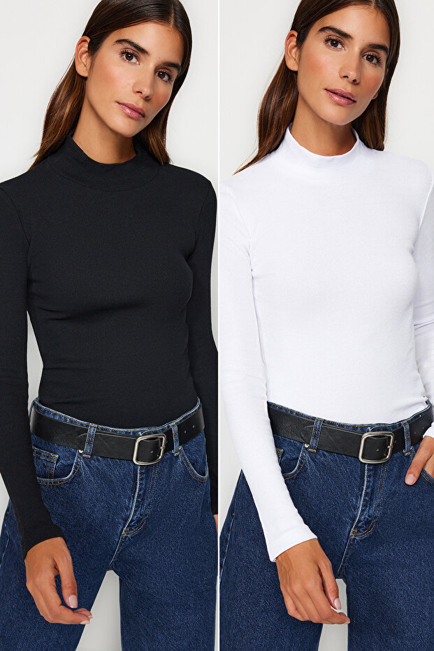 Siyah-Beyaz 2'li Paket Fitilli Dik Yaka Fitted/Vücuda Oturan Uzun Kol Esnek Örme Bluz TWOAW24BZ00257 - 1