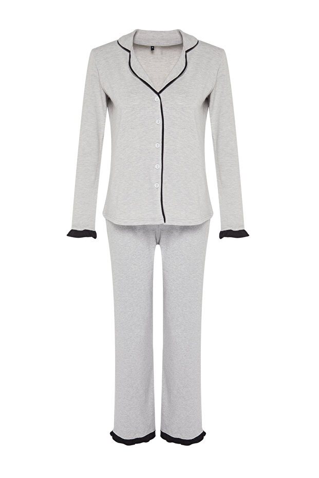 Gri Melanj %100 Pamuklu Fırfırlı Biyeli Örme Pijama Takımı THMAW24PT00007 - 9