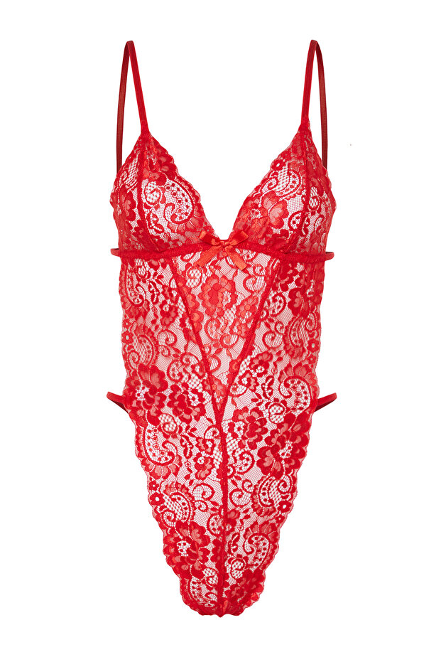 Kırmızı Dantelli İp Askılı Çıtçıtlı Örme Body THMAW23BD00008 - 6