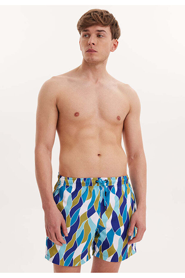 Turquoise Geometric Printed Regular Fit Men's Swim Shorts Wmgeometric